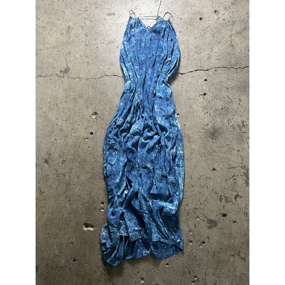 Ava Sky Maxi Dress Women Sizesmall Blue‎ Cold Shoulder Blue Silk Dress Pockets! - Picture 1 of 7